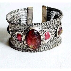 CHICO'S  Jewel Silver-tone Mesh Cuff Bracelet -1.5" wide shiny